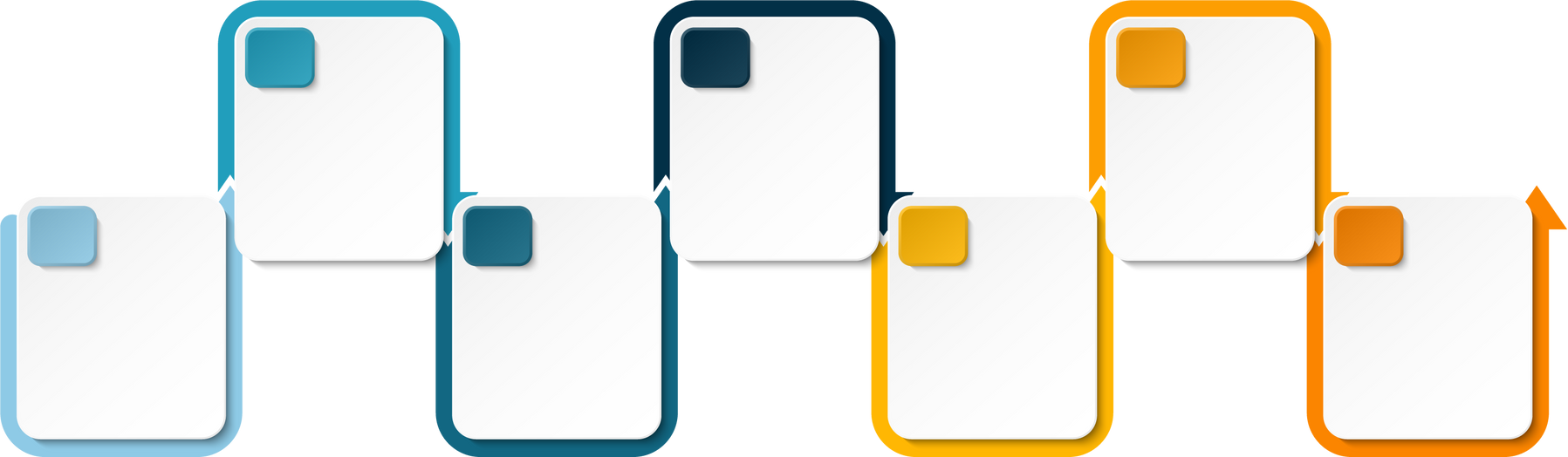Horizontal timeline or flowchart with seven square elements and space for data. Concept of 7 successive steps of company process.